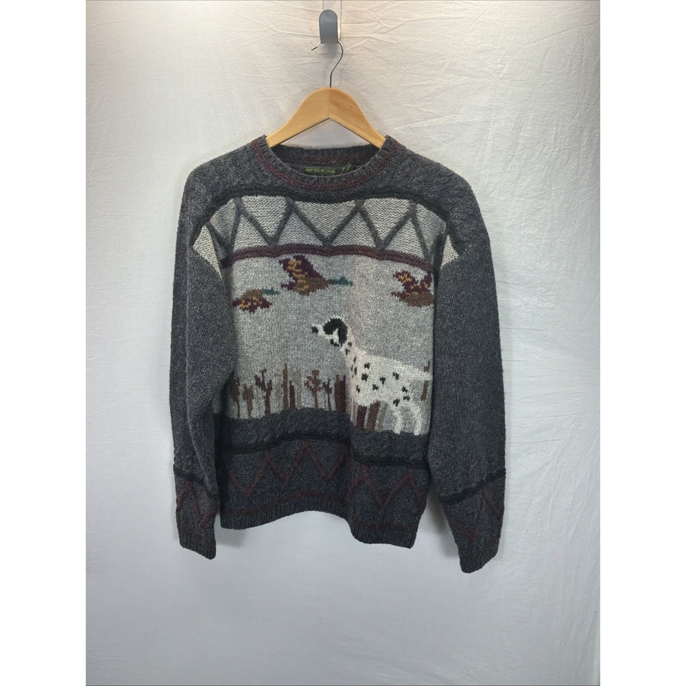 Club Room Mens S Wool German Shorthair Duck Sweater Hand Knitted Gray Cable Rare